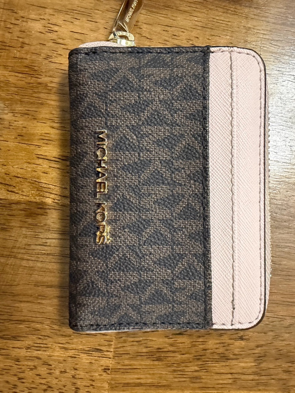 Michael Kors Brown Monogram Card Case with Blush Trim and Gold Logo
